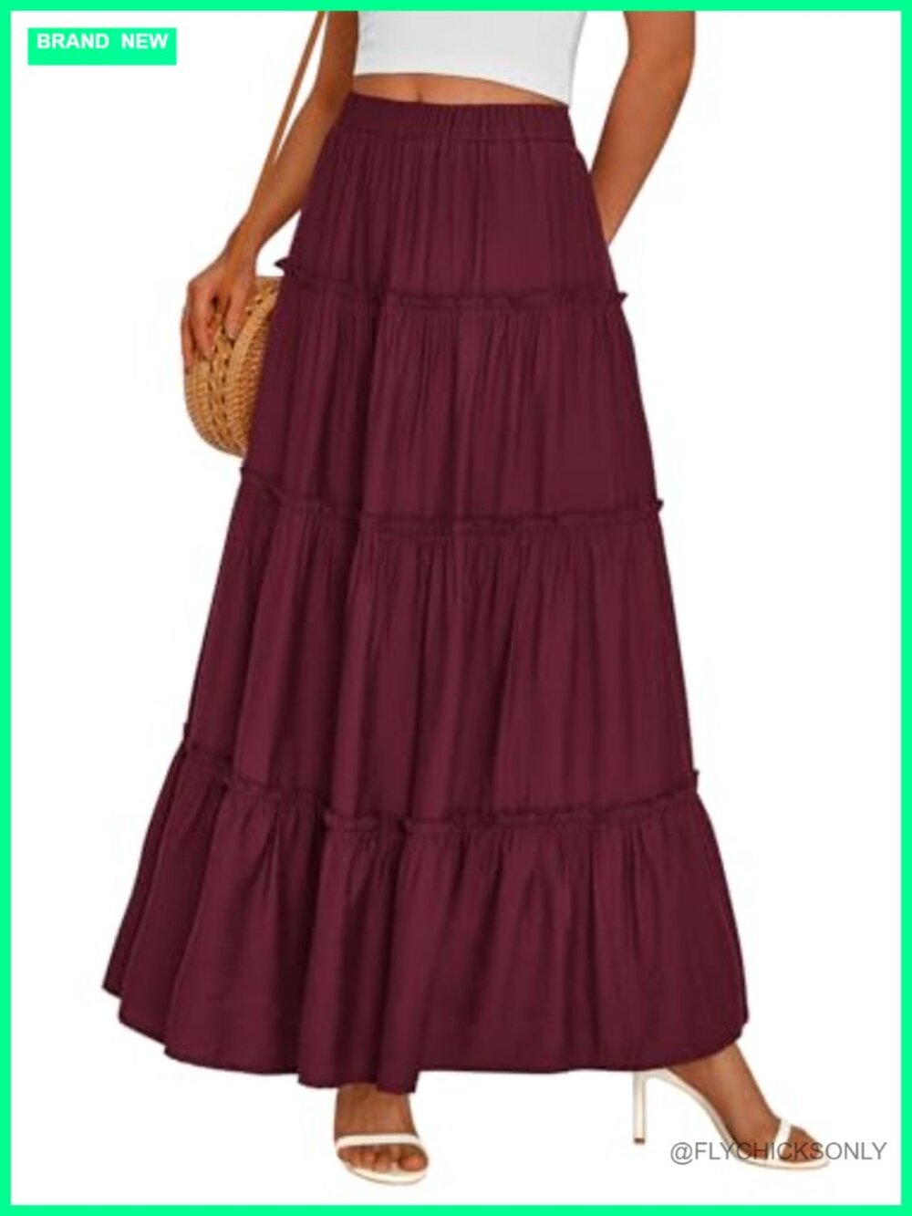Women's Boho Tiered Ruffle Flowy Maxi Skirt High Rise A-Line